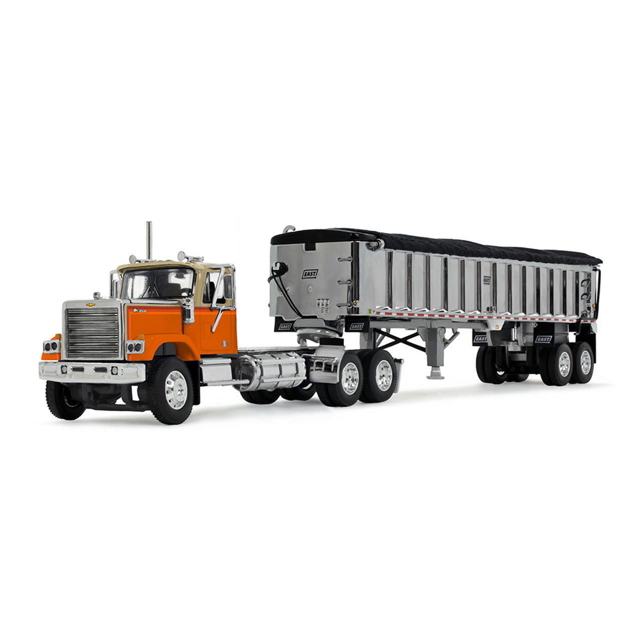[PRE-SALE 08/2025] Mô hình xe DCP 1:64Orange Chevrolet Bison Day Cab & East End Dump Trailer 60-1925