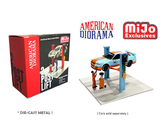 Mô hình nhân vật American Diorama 1:64 2 Post Lift Light Blue with figure & Oil Drainer